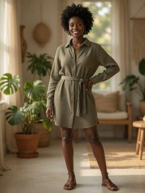 Michael Stars Gauze Double Cotton Button-down Belted Shirt Dress Olive Green M